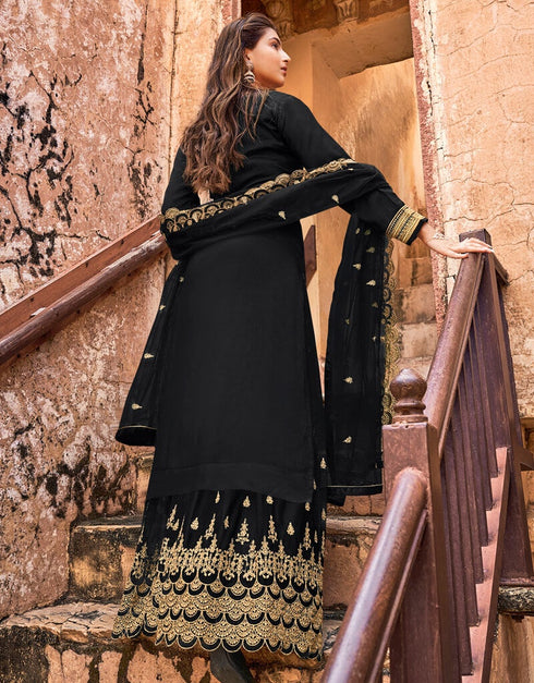 Navy Blue Lehenga style Suits Dola Jacquard Silk Salwar Kameez in Embroidery, Stones & Lace Work Closure View Embroidery