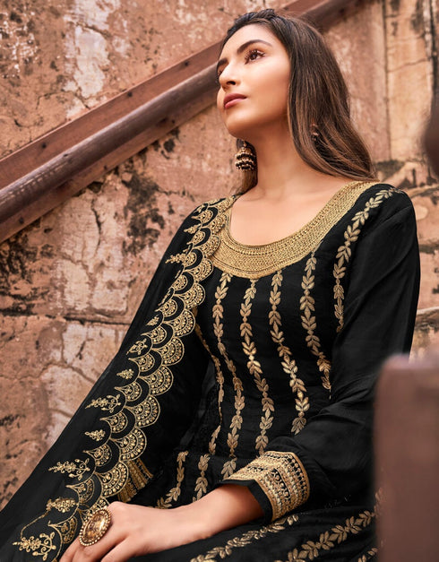Navy Blue Lehenga style Suits Dola Jacquard Silk Salwar Kameez in Embroidery, Stones & Lace Work Closure View