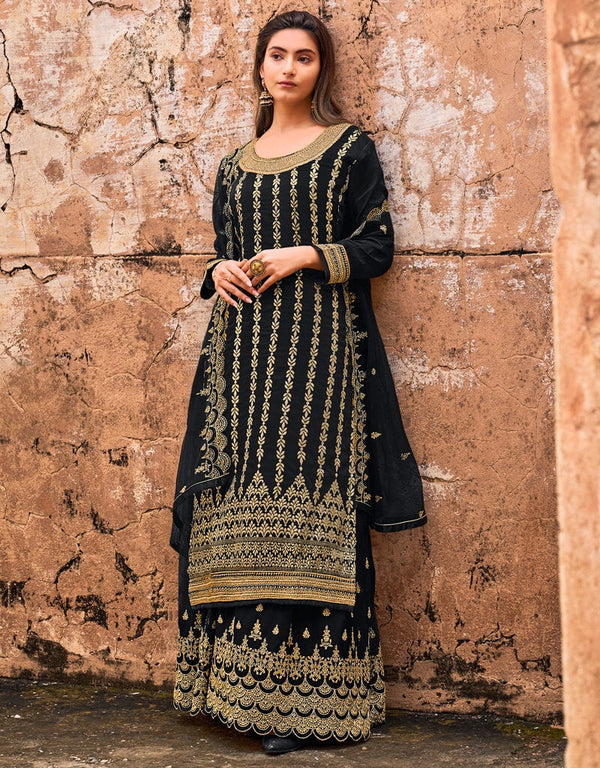 Navy Blue Lehenga style Suits Dola Jacquard Silk Salwar Kameez in Embroidery, Stones & Lace Work