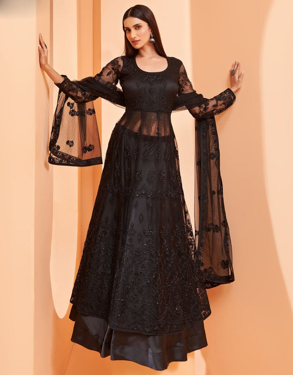 Black Pant style Suits Butterfly Net Salwar Kameez in Sequins Embroidery & Lace Work