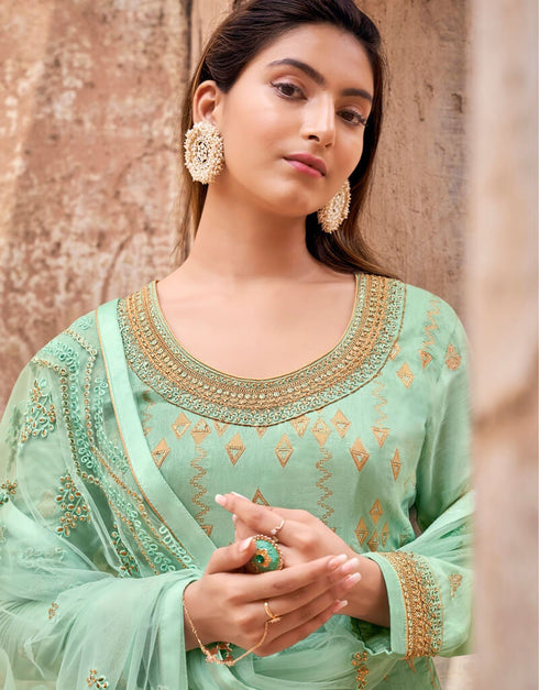 Turquoise Lehenga style Suits Dola Jacquard Silk Salwar Kameez in Embroidery, Stones & Lace Work Closure View