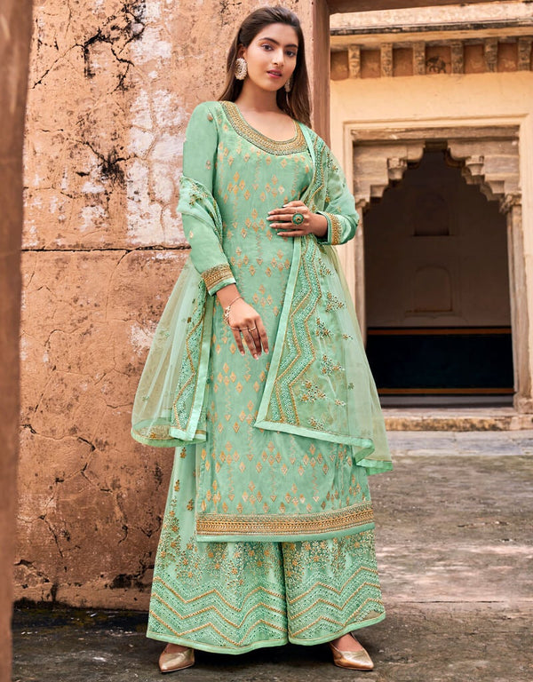 Turquoise Lehenga style Suits Dola Jacquard Silk Salwar Kameez in Embroidery, Stones & Lace Work