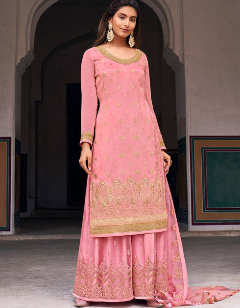 Pink Lehenga style Suits Dola Jacquard Silk Salwar Kameez in Embroidery, Stones & Lace Work