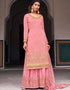 Pink Lehenga style Suits Dola Jacquard Silk Salwar Kameez in Embroidery, Stones & Lace Work