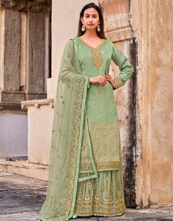 Sea Green Lehenga style Suits Dola Jacquard Silk Salwar Kameez in Embroidery, Stones & Lace Work