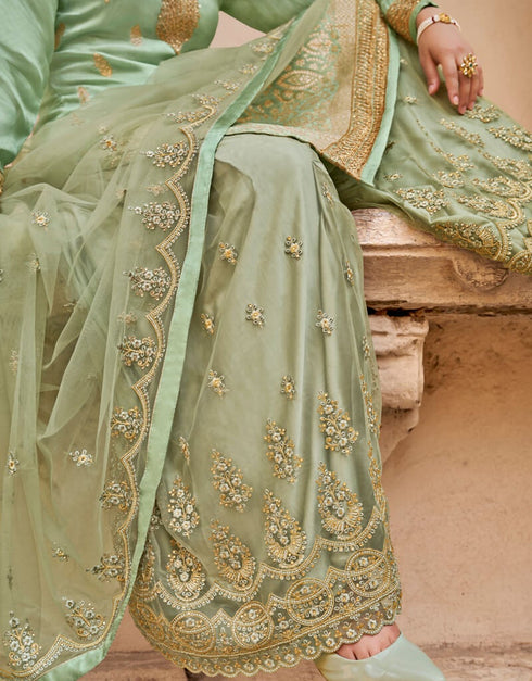 Sea Green Lehenga style Suits Dola Jacquard Silk Salwar Kameez in Embroidery, Stones & Lace Work Closure View Embroidery