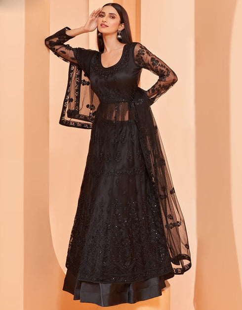 Black Pant style Suits Butterfly Net Salwar Kameez in Sequins Embroidery & Lace Work Closure View Embroidery