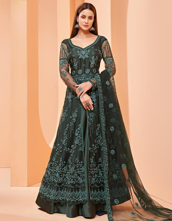 Green Pant style Suits Butterfly Net Salwar Kameez in Sequins Embroidery & Lace Work