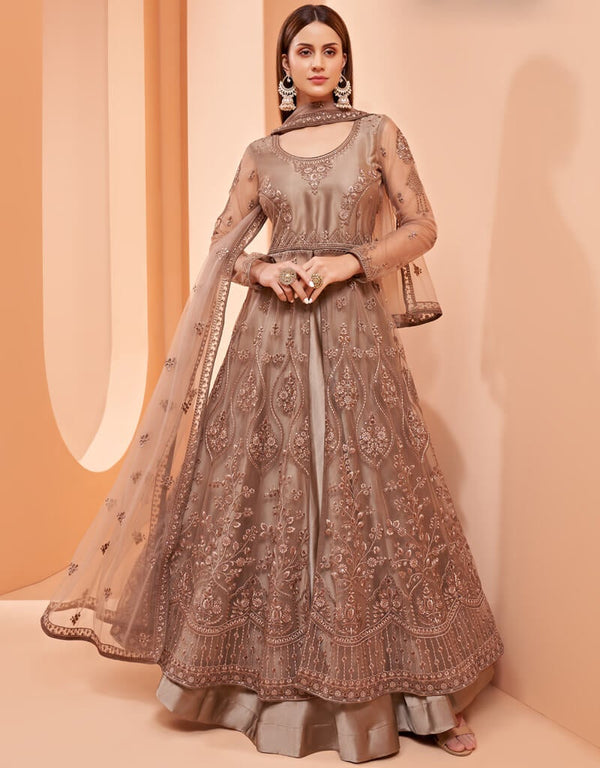 Rose Gold Pant style Suits Butterfly Net Salwar Kameez in Sequins Embroidery & Lace Work