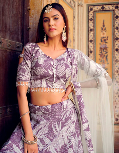 Exquisite Floral Print Lehenga Choli Collection Faded Purple Finest Crushed Silk Lehenga Choli Back View