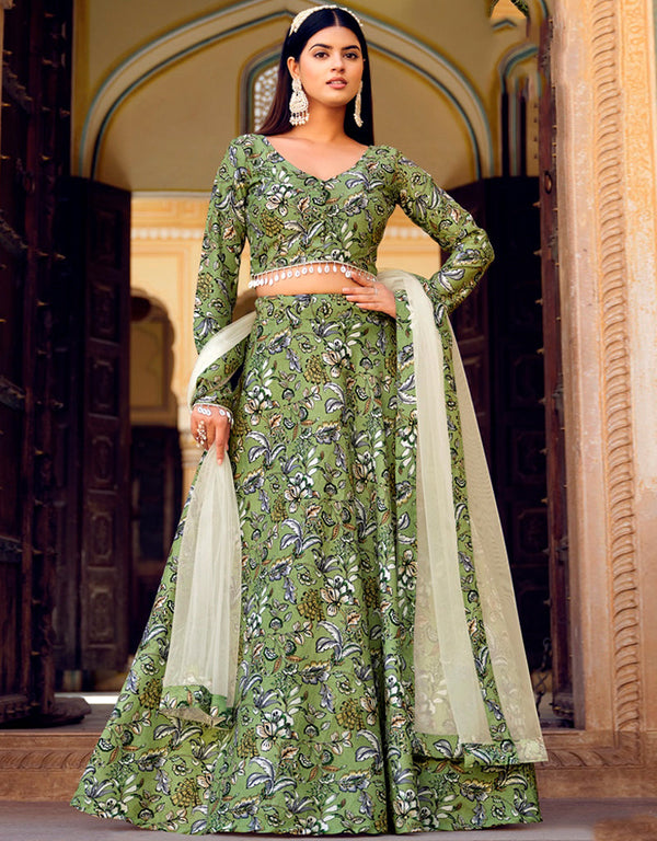 Exquisite Floral Print Lehenga Choli Collection Iguana Green Finest Crushed Silk Lehenga Choli Front View