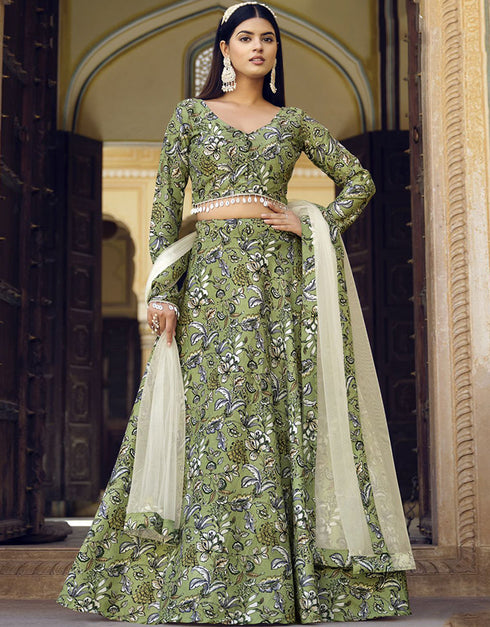 Traditional Party Wear Heavy Lehenga Choli Iguana Green Finest Crushed Silk Lehenga Choli Back View