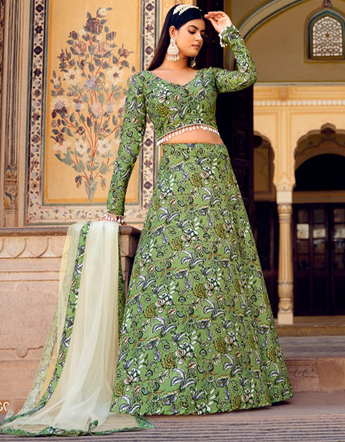 Exquisite Floral Print Lehenga Choli Collection Iguana Green Finest Crushed Silk Lehenga Choli Back View