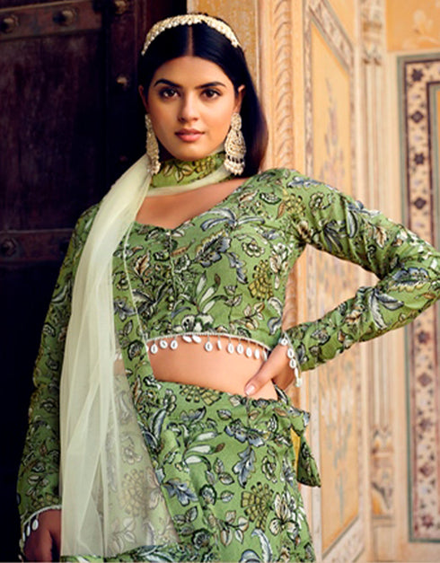 Exquisite Floral Print Lehenga Choli Collection Iguana Green Finest Crushed Silk Lehenga Choli Close-up View