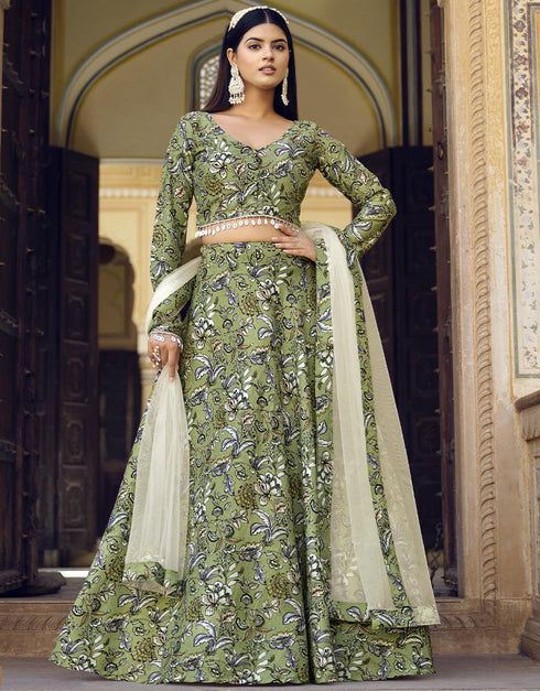 Traditional Party Wear Heavy Lehenga Choli Iguana Green Finest Crushed Silk Lehenga Choli Front View