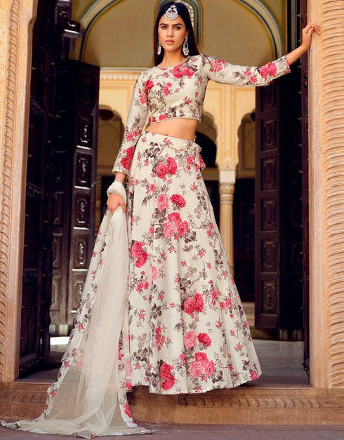 Exquisite Floral Print Lehenga Choli Collection Almond Finest Crushed Silk Lehenga Choli Front View