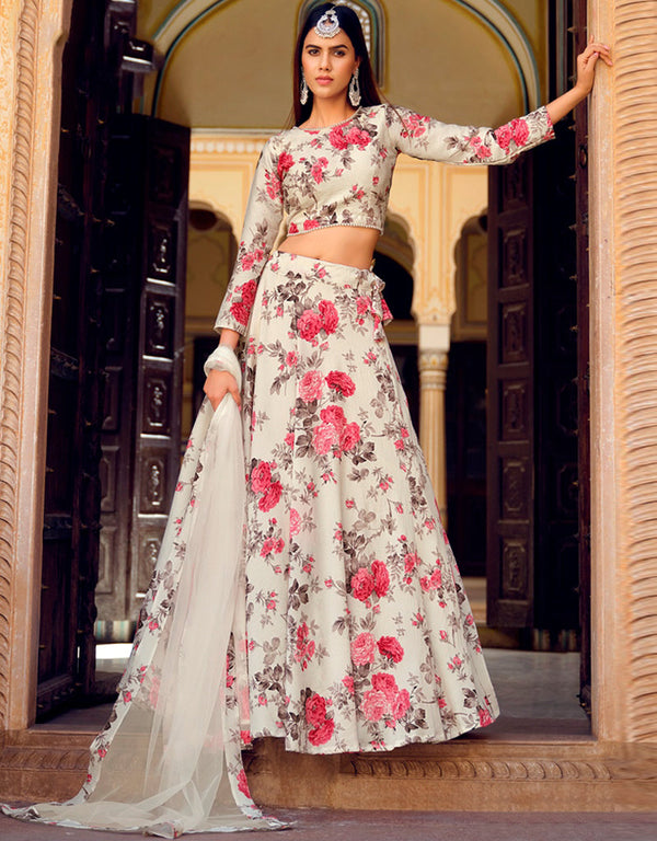 Exquisite Floral Print Lehenga Choli Collection Almond Finest Crushed Silk Lehenga Choli Front View