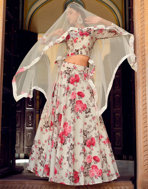 Exquisite Floral Print Lehenga Choli Collection Almond Finest Crushed Silk Lehenga Choli Back View