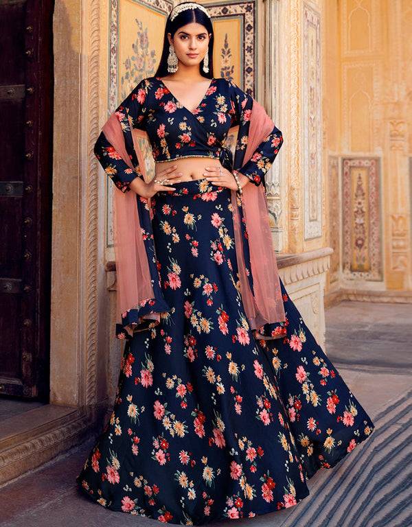 Exquisite Floral Print Lehenga Choli Collection Blue Zodiac Finest Crushed Silk Lehenga Choli Front View