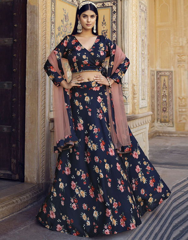 Traditional Party Wear Heavy Lehenga Choli Dark Blue Finest Crushed Silk Lehenga Choli Front View
