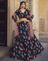 Traditional Party Wear Heavy Lehenga Choli Dark Blue Finest Crushed Silk Lehenga Choli Close-up View