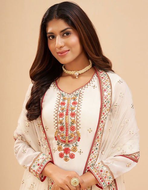 White Sharara style Suits Georgette Salwar Kameez in Mattie Embroidery, Sequins & Lace Work Closure View Embroidery
