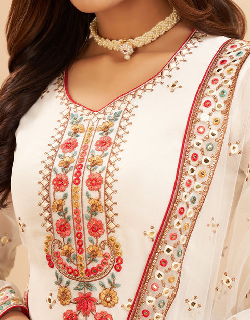 White Sharara style Suits Georgette Salwar Kameez in Mattie Embroidery, Sequins & Lace Work Closure View Embroidery Back side View