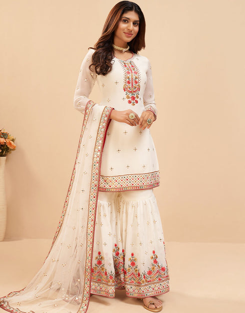 White Sharara style Suits Georgette Salwar Kameez in Mattie Embroidery, Sequins & Lace Work