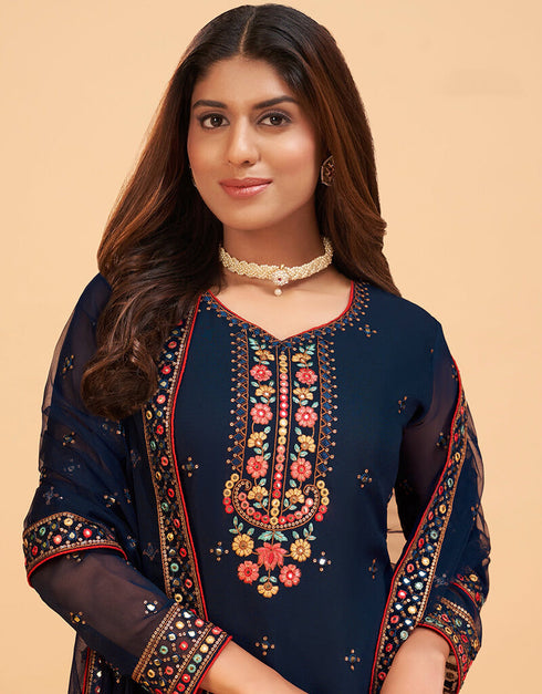 Blue Sharara style Suits Georgette Salwar Kameez in Mattie Embroidery, Sequins & Lace Work Closure View Embroidery