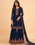 Blue Sharara style Suits Georgette Salwar Kameez in Mattie Embroidery, Sequins & Lace Work Closure View