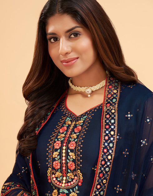 Blue Sharara style Suits Georgette Salwar Kameez in Mattie Embroidery, Sequins & Lace Work Closure View Embroidery Back side View