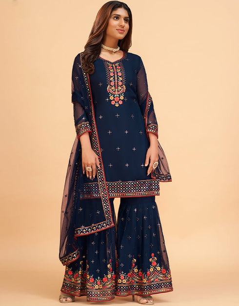 Blue Sharara style Suits Georgette Salwar Kameez in Mattie Embroidery, Sequins & Lace Work