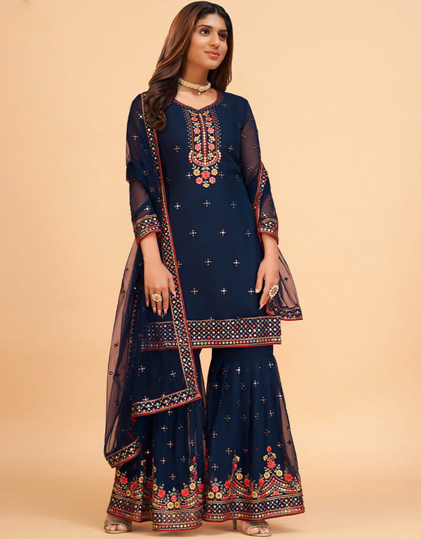 Blue Sharara style Suits Georgette Salwar Kameez in Mattie Embroidery, Sequins & Lace Work