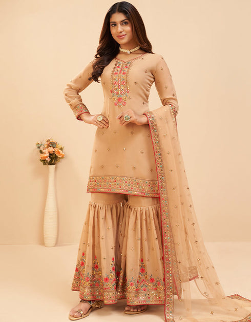 Golden Sharara style Suits Georgette Salwar Kameez in Mattie Embroidery, Sequins & Lace Work