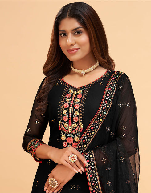 Black Sharara style Suits Georgette Salwar Kameez in Mattie Embroidery, Sequins & Lace Work Closure View Embroidery