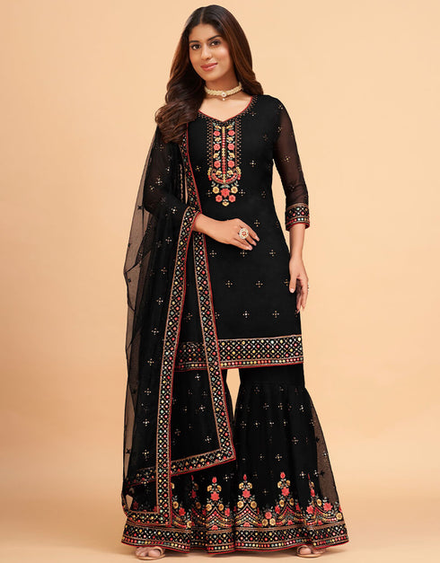 Black Sharara style Suits Georgette Salwar Kameez in Mattie Embroidery, Sequins & Lace Work