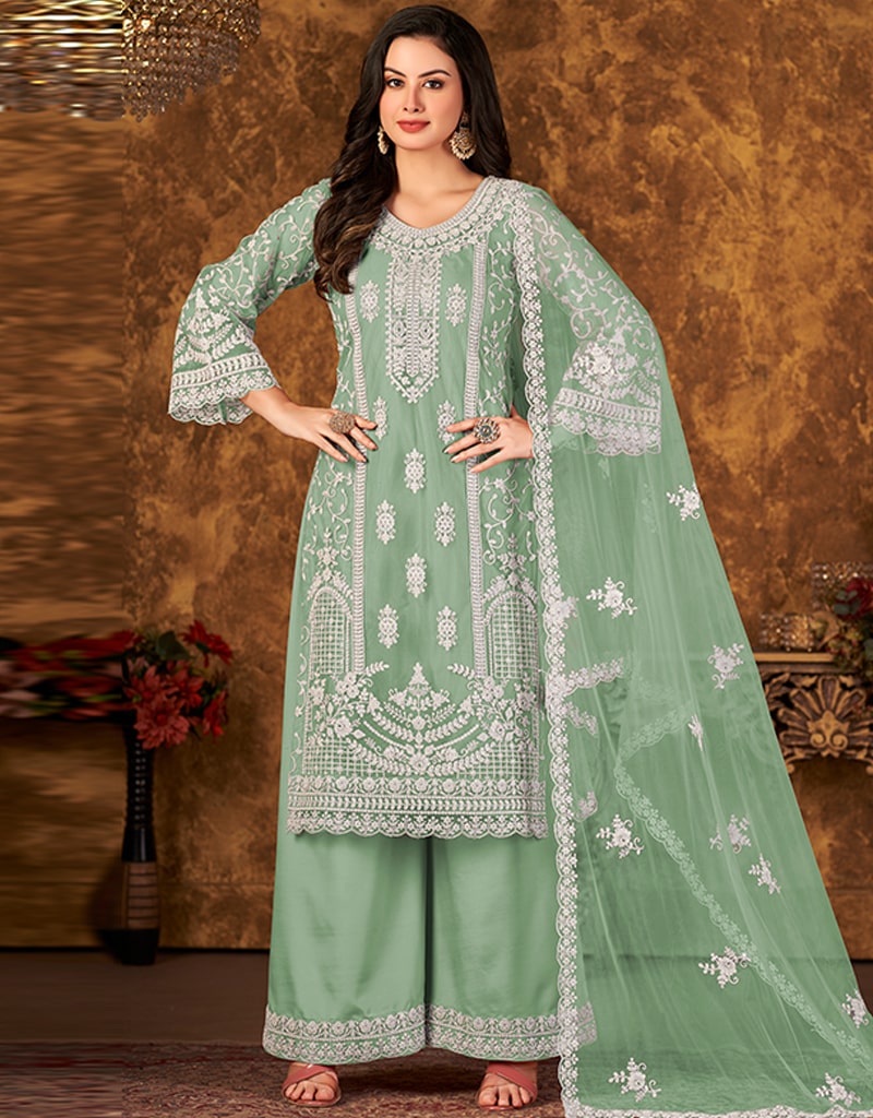 Sea Green Color Embroidered Designer Net Palazzo Suit