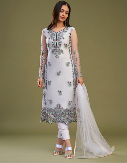 Designer Party Wear Readymade Salwar Suit Lavender Net Pant Straight Back View