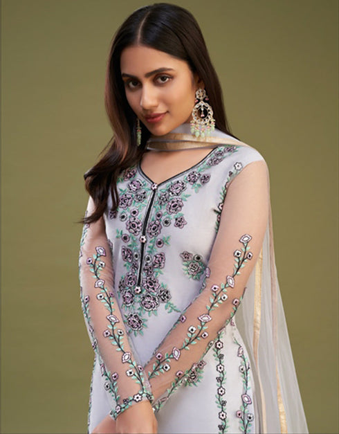 Designer Party Wear Readymade Salwar Suit Lavender Net Pant Straight Close-up View