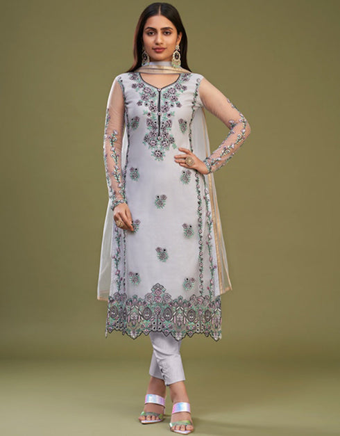 Designer Party Wear Readymade Salwar Suit Lavender Net Pant Straight Front View