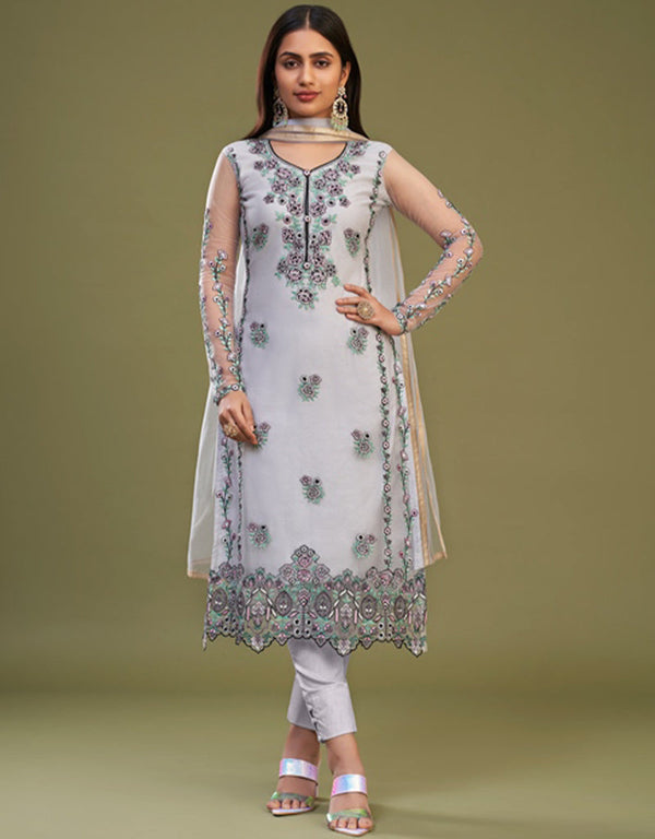 Designer Party Wear Readymade Salwar Suit Lavender Net Pant Straight Front View