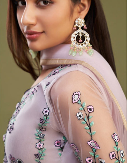 Designer Party Wear Readymade Salwar Suit Pink Net Pant Straight Side View