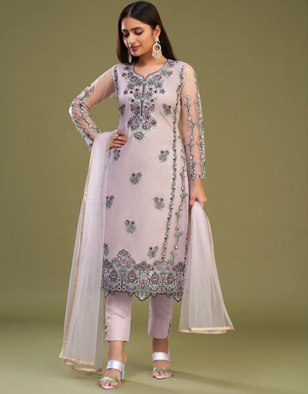 Designer Party Wear Readymade Salwar Suit Pink Net Pant Straight Front View