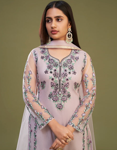 Designer Party Wear Readymade Salwar Suit Pink Net Pant Straight Back View