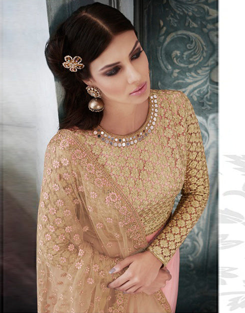 Heavy Designer Wedding Wear Salwar Suit Peach Net Lehenga Choli Close-up View