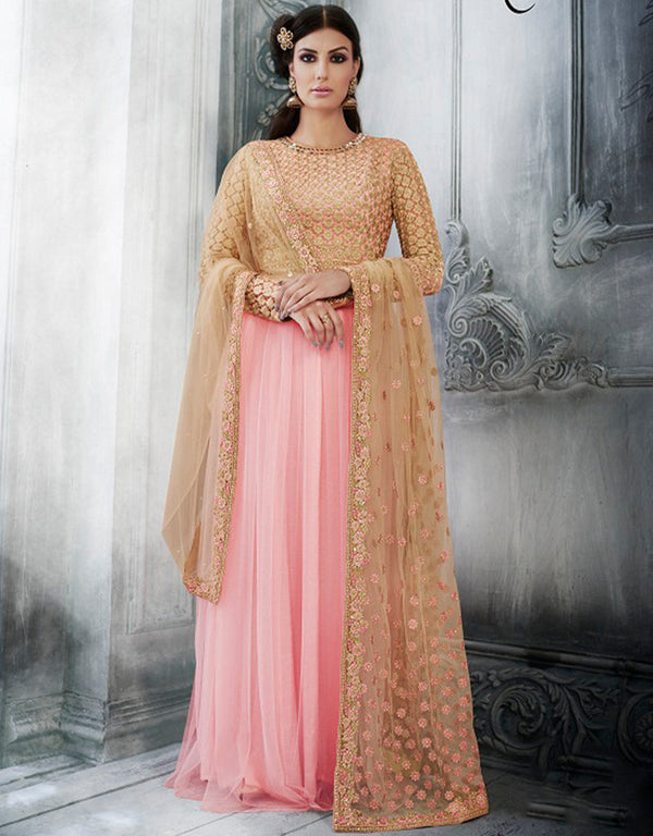 Heavy Designer Wedding Wear Salwar Suit Peach Net Lehenga Choli Front View