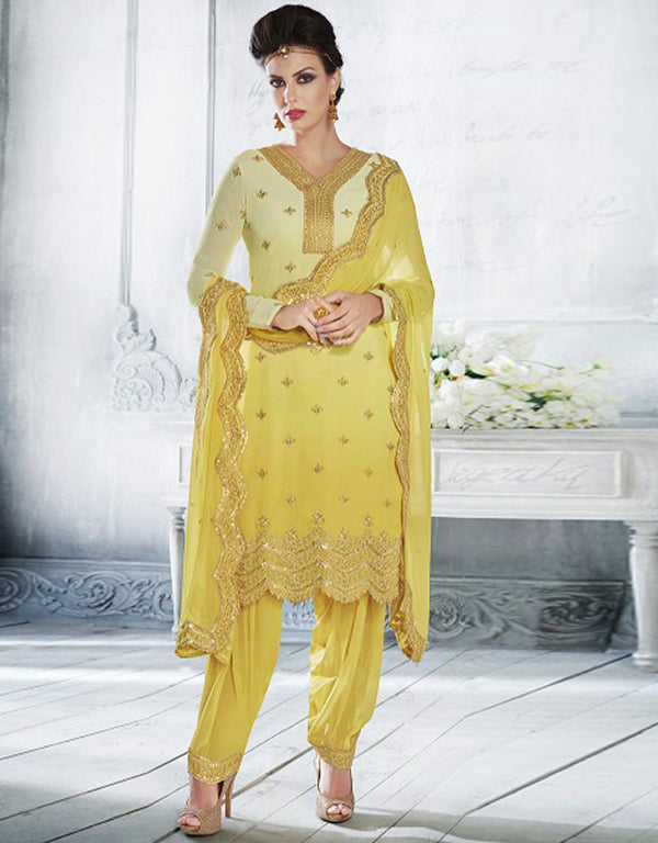 Heavy Designer Wedding Wear Salwar Suit Yellow Georgette Pant Straight Front View