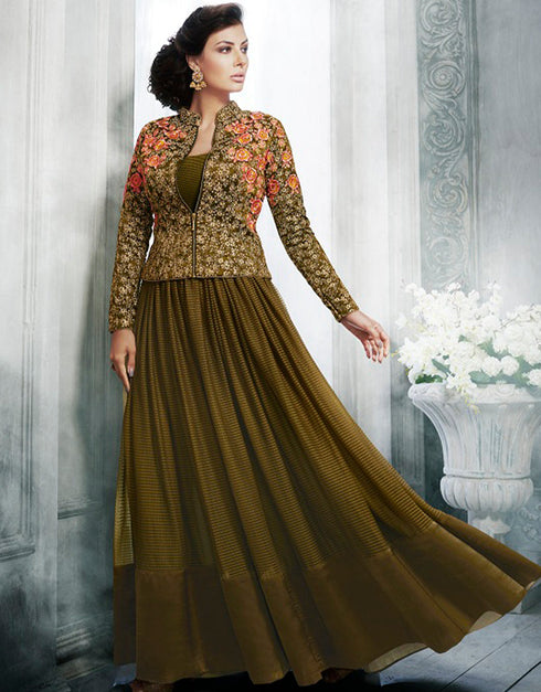 Heavy Designer Wedding Wear Salwar Suit Olive Jacket/Handloom Fabric Top Net Lehenga Choli Front View