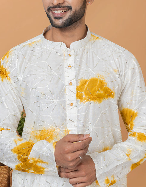 Readymade Men's Kurta Pyjama White And Yellow Kurta Chanderi Tie dye Churidar Back View