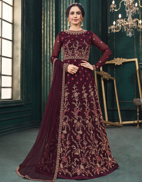 Dark Purple Anarkali style Suits Butterfly Net Salwar Kameez in Embroidery, Stone and Lace Work